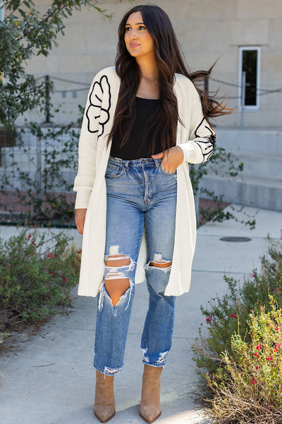 Beige Flower Embroidered Women's Open Front Duster Cardigan with Drop Shoulders - Stylish and Comfortable Layering Piece