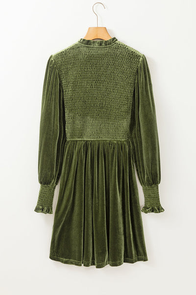 Elegant Moss Green Velvet Dress for Women with Frilled Neck, Smocked Bodice, and Flattering Fit for Special Occasions