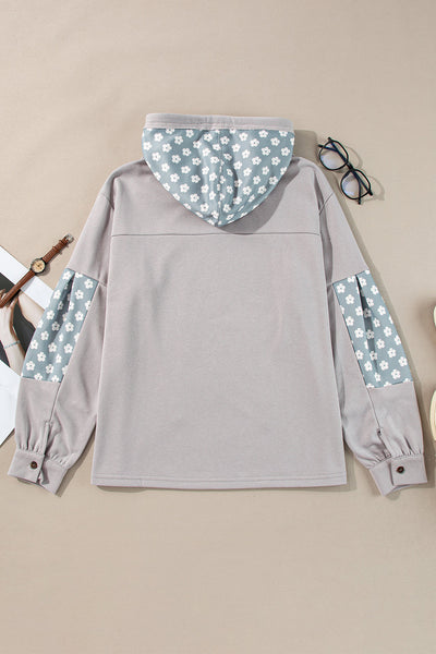 Women's Beau Blue Floral Patchwork Star Hoodie with Adjustable Drawstring - Stylish & Comfortable Casual Wear