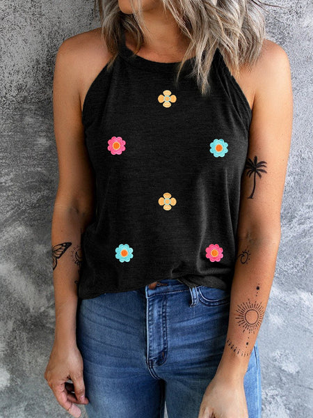 Floral Embroidered Black Tank Top with Sweet Details