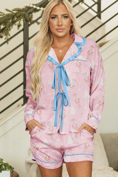 Women's Pink Nutcracker Doll Print Pajama Set with Contrast Trim and Tie Front - Festive Holiday Sleepwear