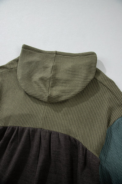 Laurel Green Women's Colorblock Hooded Top with Frayed High-Low Hem, Wide Sleeves & Textured Fabric for Stylish Comfort