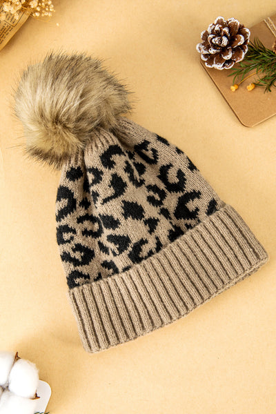 Women's Light Beige Leopard Knit Beanie with Faux Fur Pom