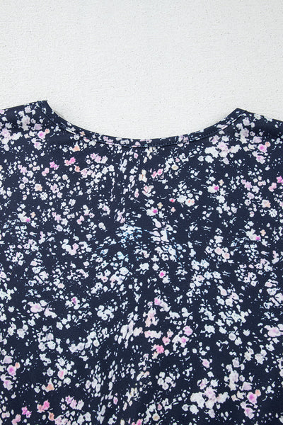 Women's Stylish Blue Floral Color Block Blouse with Ruffled Hem - Comfortable Round Neck Top for Every Occasion