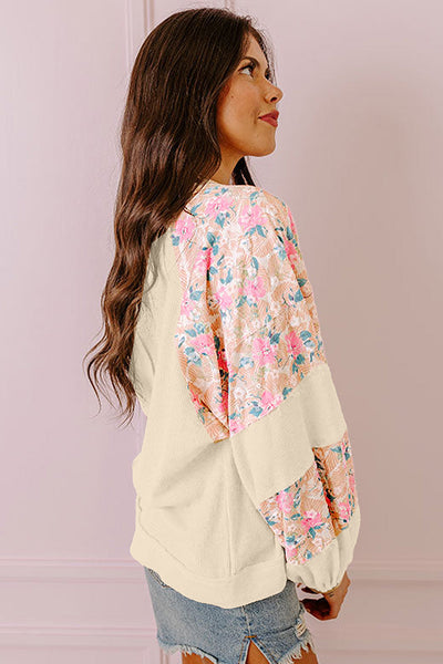 Trendy Women's Apricot Floral Patchwork Blouse with Textured Fabric and Balloon Sleeves for Effortless Style