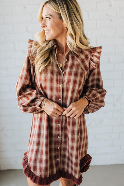 Stylish Women's Red Plaid Ruffled Mini Dress with Long Sleeves and Trendy Patchwork Hem for Casual Summer Outings