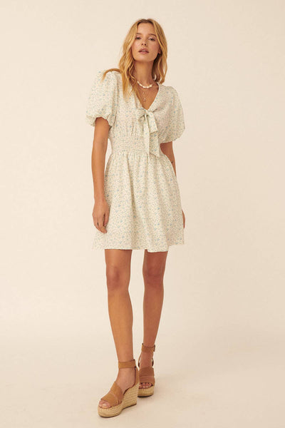 Floral V Neck Tie Puff Sleeve Smock Mini Dress