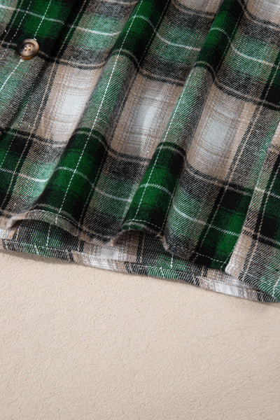 Women's Stylish Green Plaid Hooded Shacket with Chest Pocket - Perfect Casual Layer for Fall and Winter Fashion