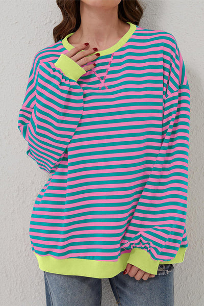 Women's Cozy Green Stripe Oversized Sweatshirt with Contrast Trim - Effortless Casual Pullover for Chic Comfort