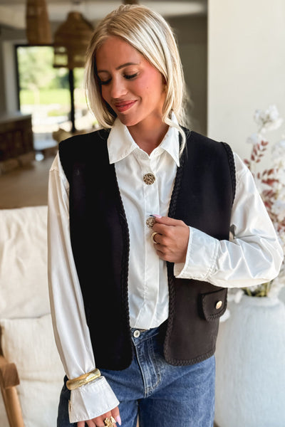 Chic Women's Black Open Front Vest with Braided Trim - Perfect Layering Top for Trendy Outfits and Effortless Style