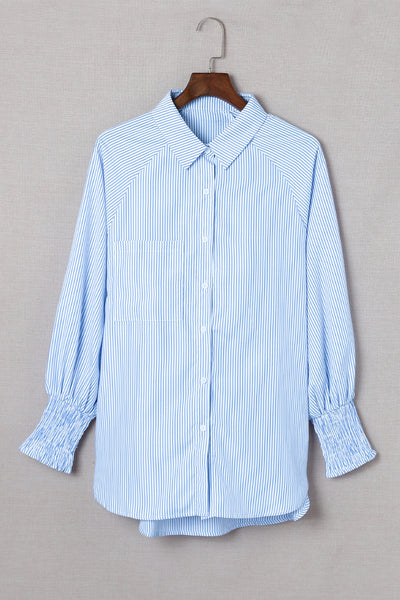 Women's Sky Blue Smocked Cuff Striped Boyfriend Shirt