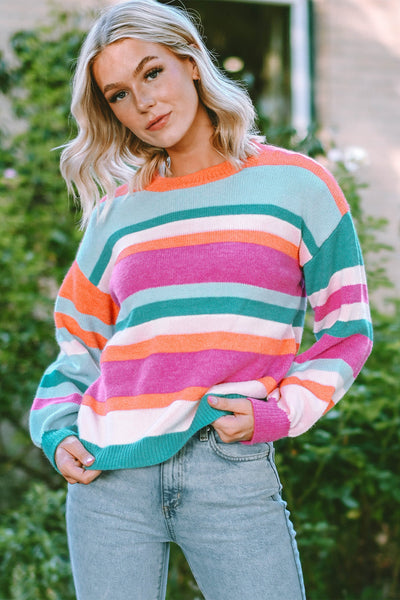 Cozy Women's Multicolor Striped Knit Sweater with Drop Shoulders and Puff Sleeves - Chic Casual Style for All Seasons