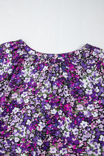 Women's Trendy Purple Boho Floral Blouse with Split V-Neck & Bubble Sleeves - Stylish, Comfortable Fashion Top