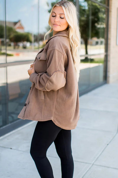 Cozy Women's Dark Khaki Fleece Shacket with Exposed Seams & Button Closure - Stylish Casual Wear for Everyday Comfort