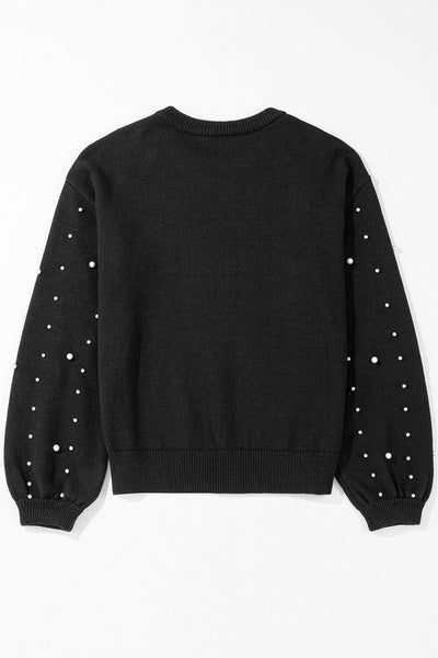 Elegant Black Pearled Drop Shoulder Sweater for Women - Cozy Round Neck Knit Top with Stylish Design and Comfortable Fit