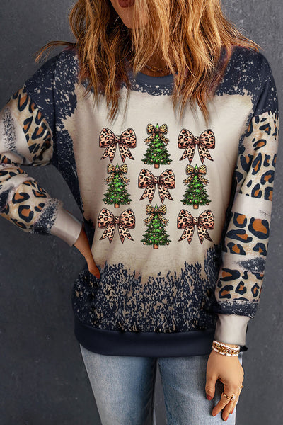 Cozy Oversized Women's Black Leopard Print Tie-Dye Sweatshirt with Bow Detail for Stylish Holiday Comfort