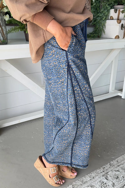 Trendy Women's Blue Leopard Print Wide Leg Jeans with Drawstring Waist & Exposed Seams for Casual Chic Look
