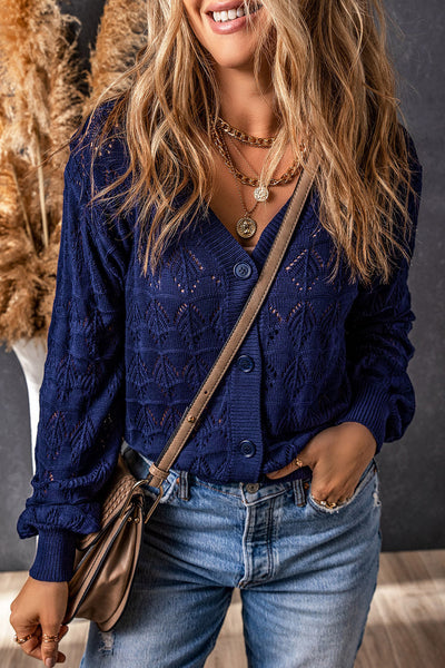 Women's Blue Lightweight Crochet Cardigan with Button Front  Stylish, Comfortable Fit for Any Casual Occasion