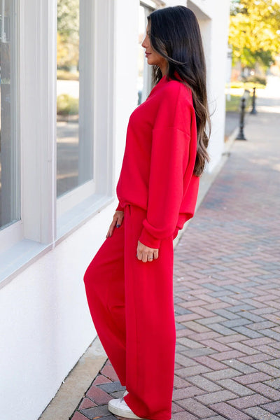women's fiery red athleisure set - stylish quarter-zip pullover and drawstring sweatpants for ultimate comfort made for easy styling and wardrobe with