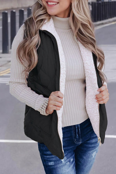 Cozy Women's Black Quilted Zip-Up Vest Coat with Fleece Lining for Stylish Winter Layering