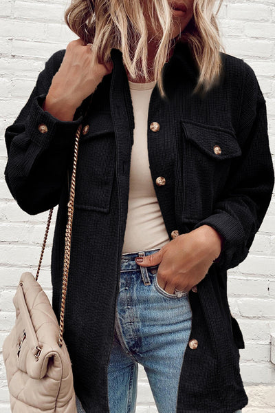 Chic Women's Black Corduroy Shacket with Flap Pockets - Trendy Button-Up Overshirt for Effortless Casual Style