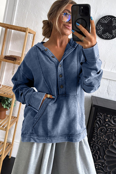 Women's Relaxed Fit Dark Grey Mineral Wash Hoodie with Seam Detail & Half Button - Stylish Casual Sweatshirt