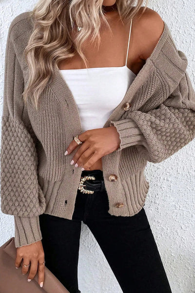 Cozy Women's V-Neck Cardigan Sweater with Mixed Textures - Stylish Fall Layering Essential in Warm Tones