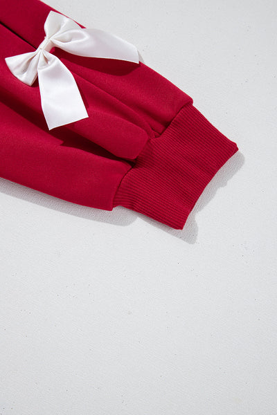 Chic Women's Fiery Red Crewneck Sweatshirt with Bow Detail and Dropped Sleeves for Effortless Casual Style