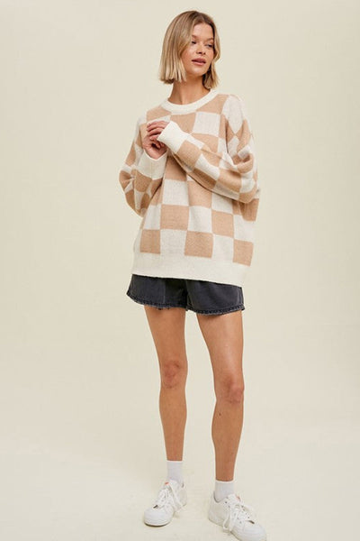 Cozy Women's Checkered Knit Sweater in Parchment - Stylish Ribbed Trim & Baggy Fit for Effortless Fall Fashion