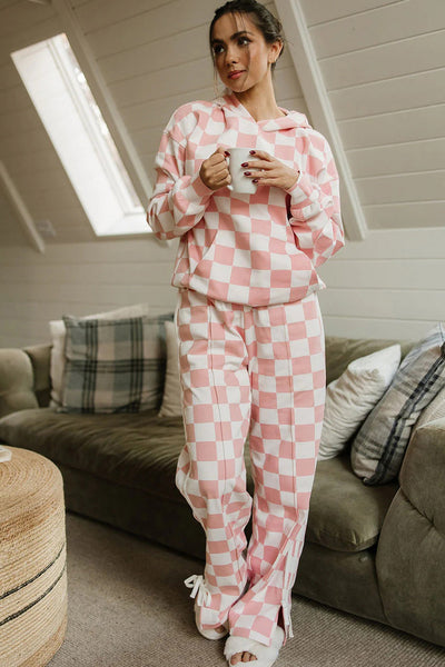 Stylish Women's Pink Checkered Hoodie and Side Stripe Pants Set with Bow Knot - Trendy 2-Piece Loungewear for Comfort