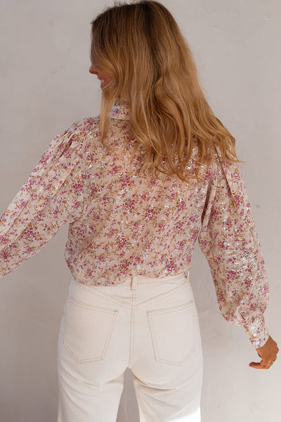 Stylish Women's Pink Floral Bishop Sleeve V-Neck Shirt - Chic Spring & Summer Top for Effortless Fashion
