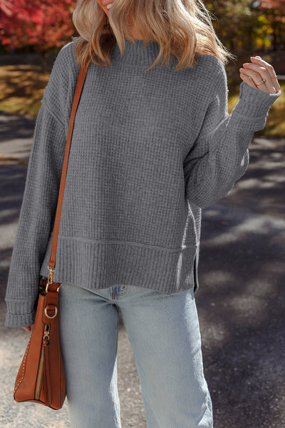 Women's Medium Grey Waffle Knit High Neck Sweater with Drop Shoulder