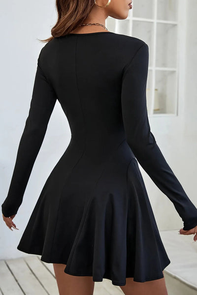 Elegant Women's Black Long Sleeve Fit-and-Flare Mini Dress - Versatile Casual Style for Any Occasion made for easy styling and wardrobe coordination,
