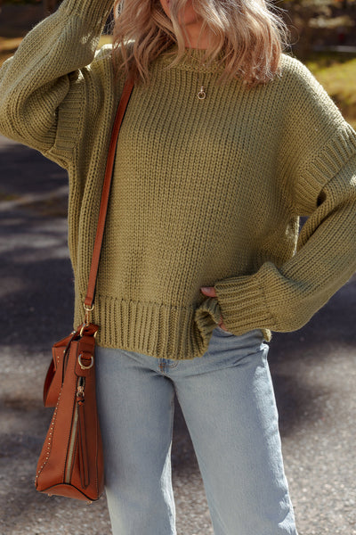 Cozy Guacamole Green Ruffled Sweater for Women - Relaxed Fit Chunky Knit for Effortless Style and Comfort