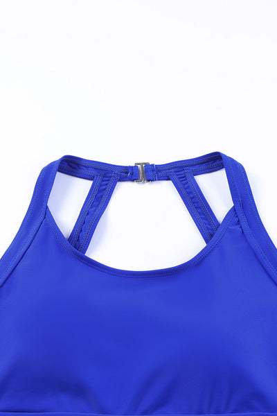 Blue Halterneck Skirted One Piece Swimsuit with Strappy Detail