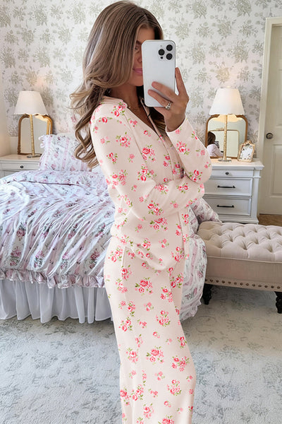 Cozy Women's Pink Floral Long Sleeve Pajama Set - Stylish Sleepwear for Ultimate Comfort and Relaxation