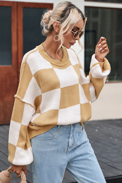Cozy Women's Khaki Checkered Bishop Sleeve Sweater - Trendy Knit Top for Fall Fashion & Casual Outings