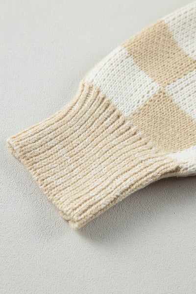 Cozy Women's Flaxen Checkered Drop Shoulder Knit Sweater - Stylish, Soft Fit for Casual Chic Looks