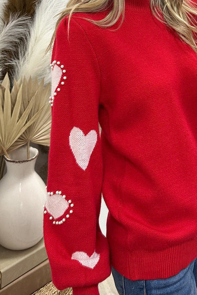 Chic Women's Racing Red Heart Print Sweater with Pearl Details and Trendy Long Sleeves for Effortless Style