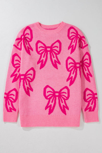 Women's Cozy Pink Bow Patterned Drop Shoulder Sweater - Relaxed Fit for Casual Comfort and Everyday Style