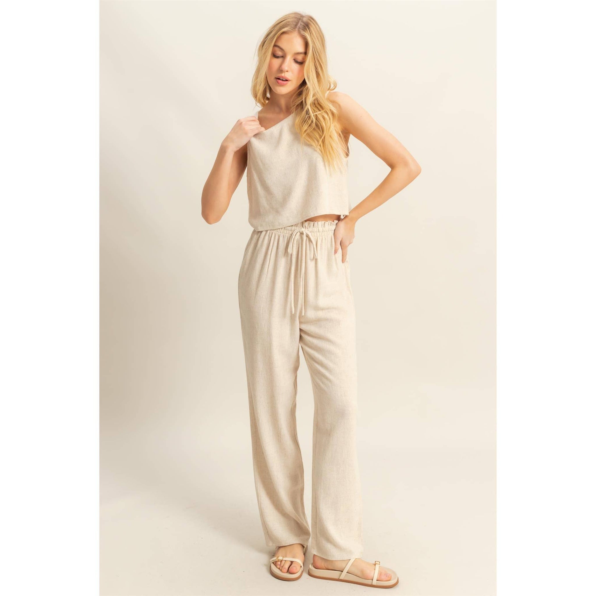 Cotton Sleeveless Top And Pants Set | Cream