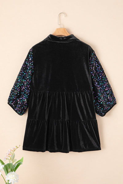 Chic Women's Black Velvet Peplum Blouse with Sequin Puff Sleeves Stylish Button-Up Top for Special Events