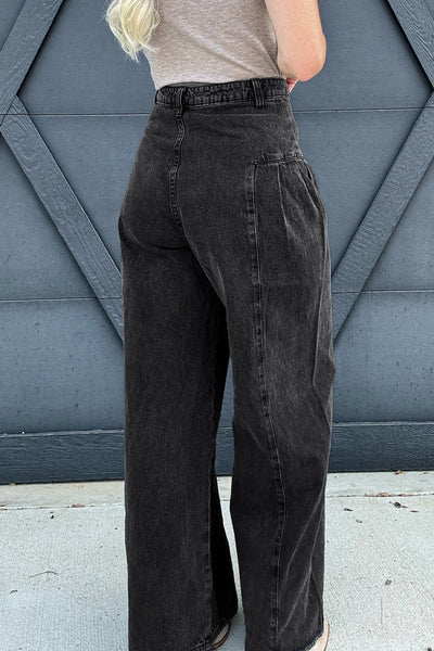 chic women's dark grey pleated wide leg denim pants with mineral wash - easy and wearable for everyday fashion made for easy styling and wardrobe with