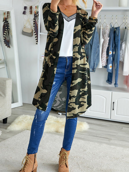 Women's Green Camo Print V-Neck Cardigan in Cardigans