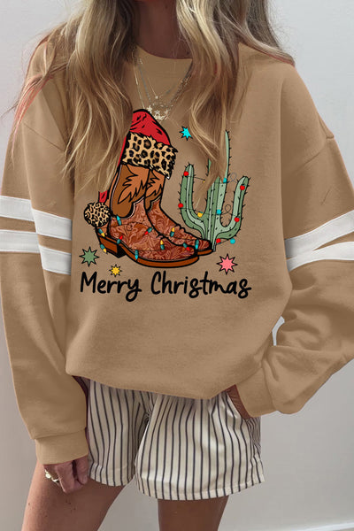 Women's Western Christmas Varsity Sweatshirt in French Beige with practical styling and dependable silhouette control.