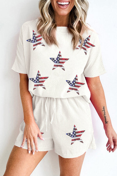 Women's Star Spangled Sequin White Waffle Knit Shorts Set