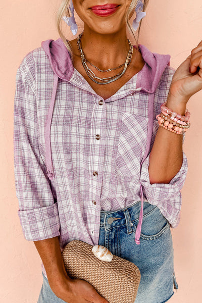 Women's Pink Checkered Hooded Shacket - Relaxed Fit Button-Up Jacket for Casual Chic Comfort and Everyday Style