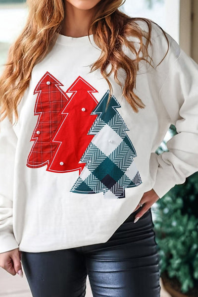 Women's Plaid Christmas Tree Patchwork Sweatshirt with Pearl Accents