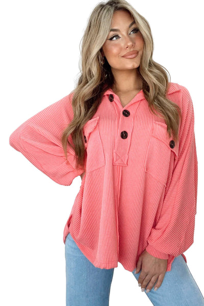 Pink French Terry Oversized Henley Blouse