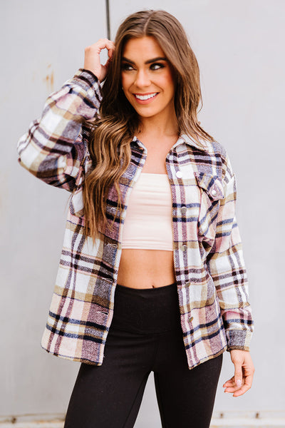 Trendy Women's Oversized Pink Geometric Plaid Shacket with Pockets Perfect for Casual Chic Outfits
